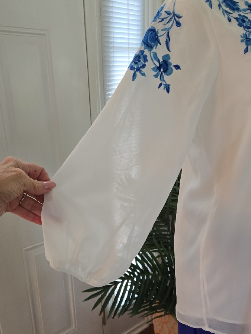 Calvin Klein White V-Neck Tunic with Blue Floral Accents - Picture 3 of 5